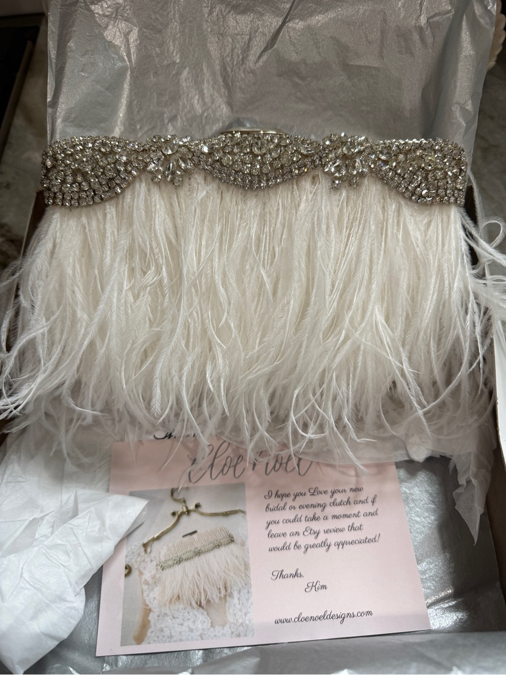 White wedding/bridal clutch with ostrich feathers